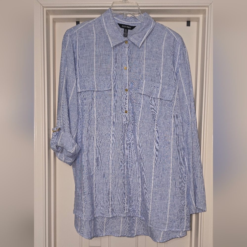 Ellen Tracy White and Blue 100% Linen Striped Shirt 3X - Picture 2 of 7